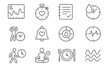 Health & Time Icons. Line style icons of health and time tracking: sleep cycle chart, heartbeat timer, activity log, hydration