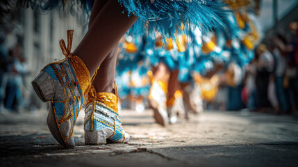 A vibrant carnival dance, with colorful costumes and joyful movement in a festive parade.