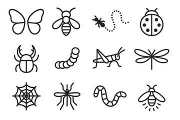 Insect Icons Collection. Line style icons of insects and bugs: butterfly wings, bee icon, ant trail, ladybug shell, beetle horns,