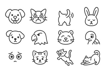 Pet Emotions Icons. Line style icons of pet emotions: happy dog face, scared cat, excited wagging tail, sleepy bunny, curious