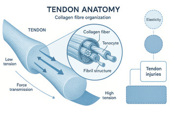 Tendon Anatomy: Collagen Fibre Organization, structure, elasticity and common injuries. Illustration