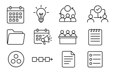 Content Planning Icons. Line style icons of content planning: monthly calendar, content idea bulb, team brainstorm icon, approval