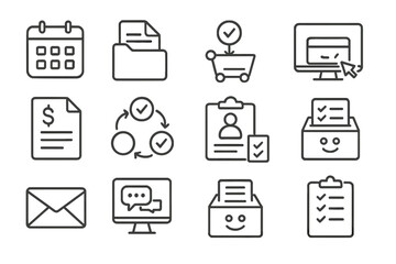 Administrative Task Icons. Line style icons of administrative tasks: calendar scheduling, document filing, purchase request icon,