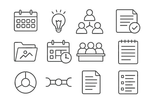 Content Planning Icons. Line style icons of content planning: monthly calendar, content idea bulb, team brainstorm icon, approval