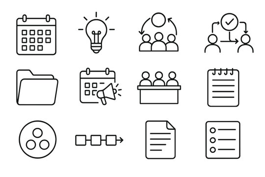 Content Planning Icons. Line style icons of content planning: monthly calendar, content idea bulb, team brainstorm icon, approval