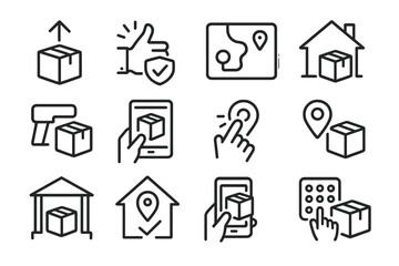 Last Mile Deliveries. Line style icons of last mile logistics: drop-off icon, delivery confirmation, delivery route map,