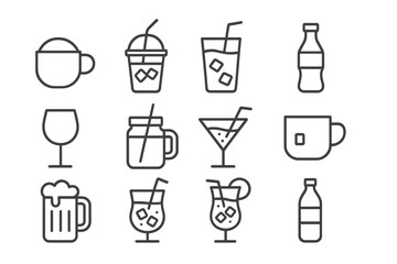 Beverage Icons Collection. Line style icons of drink menu items: cappuccino mug, cold brew cup, fresh juice glass, soda bottle,
