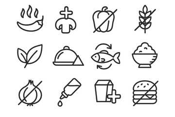 Menu Customization Icons. Line style icons of menu customization: spice level chart, add topping icon, remove ingredient,