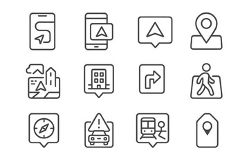 AR Navigation Icons. Line style icons of AR navigation: indoor AR path, GPS overlay icon, AR direction arrow, point-of-interest