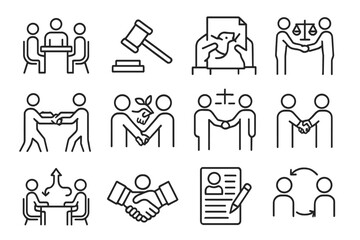 Dispute Resolution Icons. Line style icons of dispute resolution: mediation table icon, arbitration gavel, negotiation agreement,