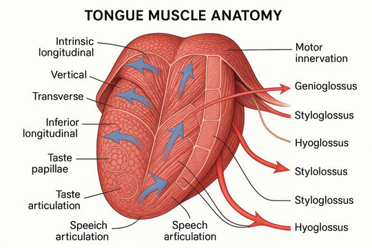 Tongue Muscle Anatomy: Illustrated Guide to Intrinsic and Extrinsic Muscles, Illustration