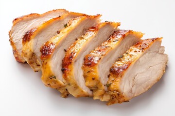 Grilled chicken breast slices with crispy skin served on a clean plate, perfect for a healthy meal or barbecue gathering