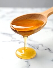Honey dripping from a wooden spoon