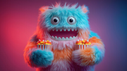 Obraz premium A cute, fluffy monster with blue and orange fur holds two cups of colorful candy. The background features vibrant lighting, creating a festive Halloween atmosphere.
