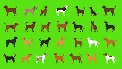 Colorful illustrations of various dog breeds in profile view against a vibrant green background.