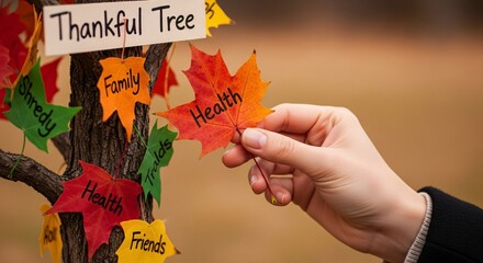 Hand holding vibrant autumn leaf inscribed with 'Health' on a thankful tree