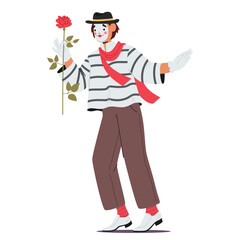Romantic mime French actor cartoon character giving rose flower isolated on white background