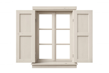White wooden window frame, shutters partially open, isolated on transparent background, highlighting architectural design details