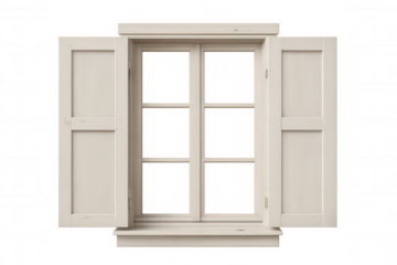 White wooden window frame, shutters partially open, isolated on transparent background, highlighting architectural design details