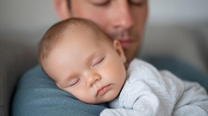 Peaceful baby boy sleeping on fathers chest at home