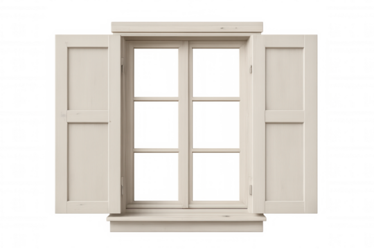 White wooden window frame, shutters partially open, isolated on transparent background, highlighting architectural design details