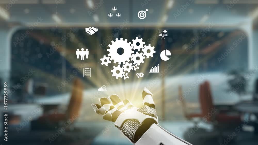 Poster a robotic hand reaching towards glowing business icons representing data insights and innovation in 