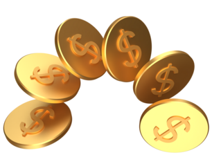 Gold Dollar Coins, 3D Financial Illustration – Glossy golden coins with dollar sign, representing wealth, savings, profit, and business success.