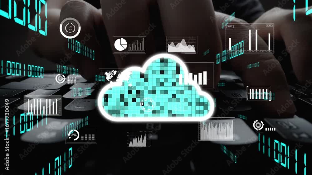 Poster a conceptual image depicting cloud computing with hands on a keyboard, showcasing various data visua