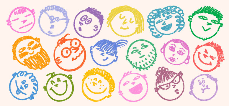 Face doodle emoji with smile in colorful stamp texture. Face icons doodle drawings with crayon texture effect. Perfect for kids designs, stickers, prints, wrapping paper