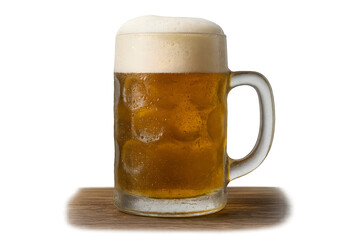 Textured beer stein with thick foam and condensation isolated on white with wooden table base