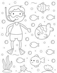 under the sea theme coloring page for kids, scuba diving boy and fish. Printable on letter size 8.5 x 11 in. Exclusive on Adobe Stock. 