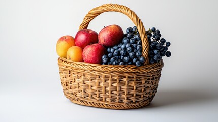 Stock photo of fresh fruit basket with apples grapes and peaches healthy eating still life photography