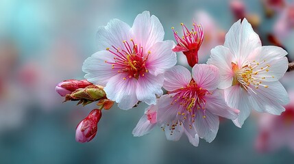 Obraz premium A close-up photo of a flower on a tree branch against a backdrop of soft pink and white floral elements