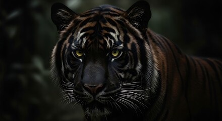 Fototapeta premium Intense Gaze of a Black Tiger in Dark Forest.