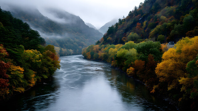 Autumn foliage lining the iver as it winds through te mountains, with mist risng from the valley in the istance.