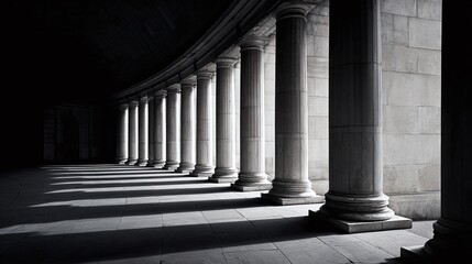 Fototapeta premium Row of elegant classical stone columns in a shadowed colonnade create parallel lines of light and dark against a stark background. Architectural detail.