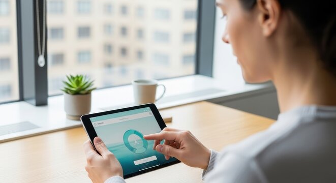 Woman using a digital tablet for meditation program. Calm app with ocean scene for mindfulness and relaxation practice.