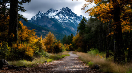 Autumn forest trail with golden leaves leading to snwy mountain peaks in the dstance.