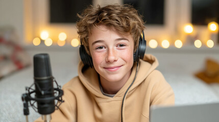Teen podcast creator in cozy bedroom studio for content production