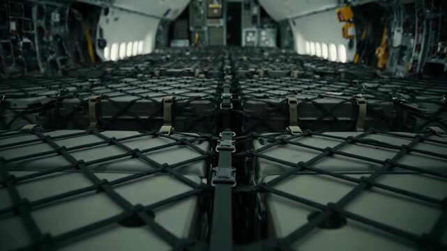 Aerial cargo transport in aircraft hold: securely fastened military supplies in motion