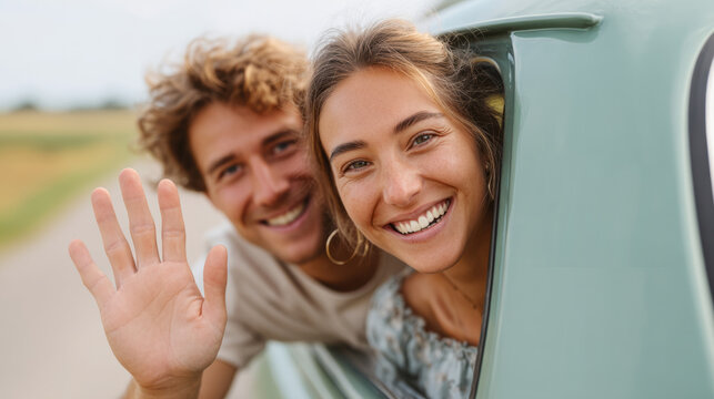 Cheerful couple enjoying say hi day greeting from car window