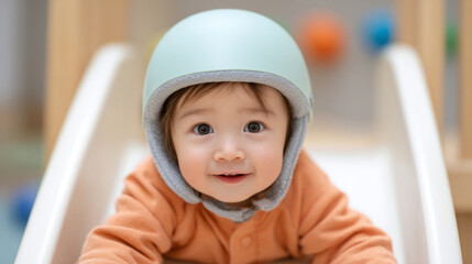 Toddler safety fun: child wearing helmet on indoor slide for playtime protection