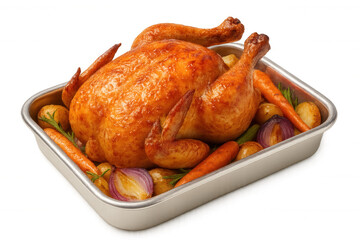 Roasted golden-brown chicken with crispy skin sitting atop herb-seasoned root vegetables in rustic metal roasting pan, white background