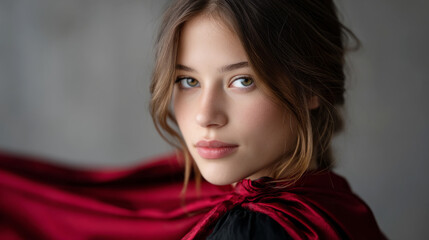 Fototapeta premium Teen girl in vampire cape with intense gaze against gray background