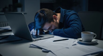 Caucasian man sleeping on a laptop at a table with papers, pen, and coffee cup. Concept of work overload and fatigue.