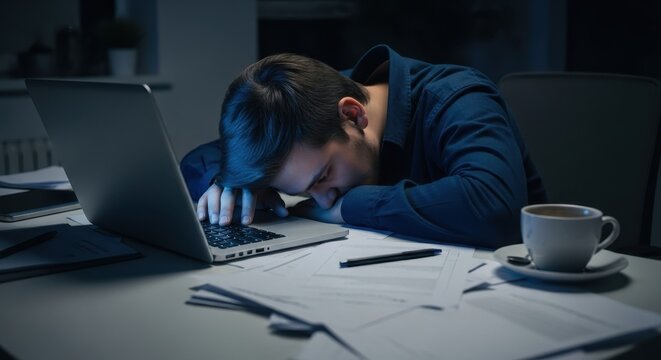 Caucasian man sleeping on a laptop at a table with papers, pen, and coffee cup. Concept of work overload and fatigue.