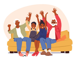Happy excited grandparents and grandchildren characters sitting on home sofa together cartoon scene