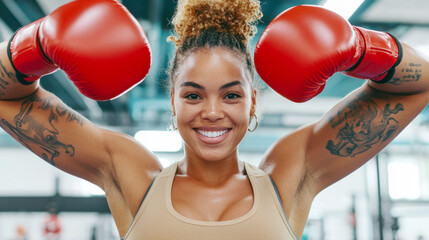 Confident young woman in boxing gym with red gloves and warm pantone 7401c top