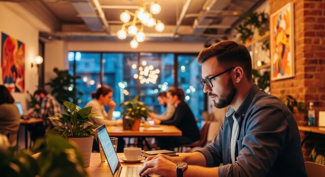 Man in glasses working on laptop in a coworking office space with warm lighting. Relocation and remote work concept.