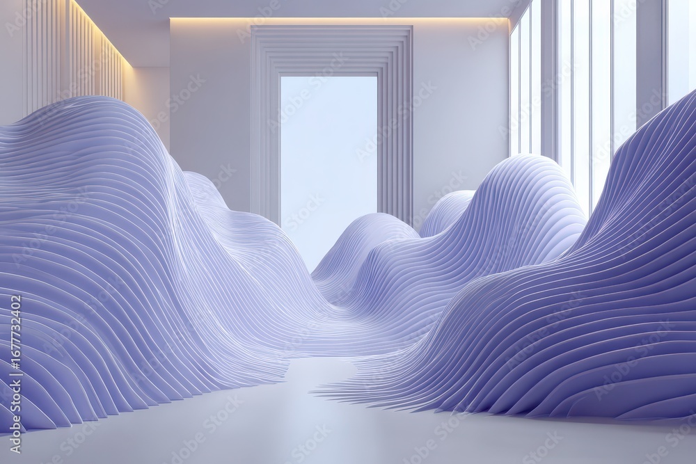Poster an abstract 3d render featuring a serene and minimalist design with smooth, undulating surfaces bath